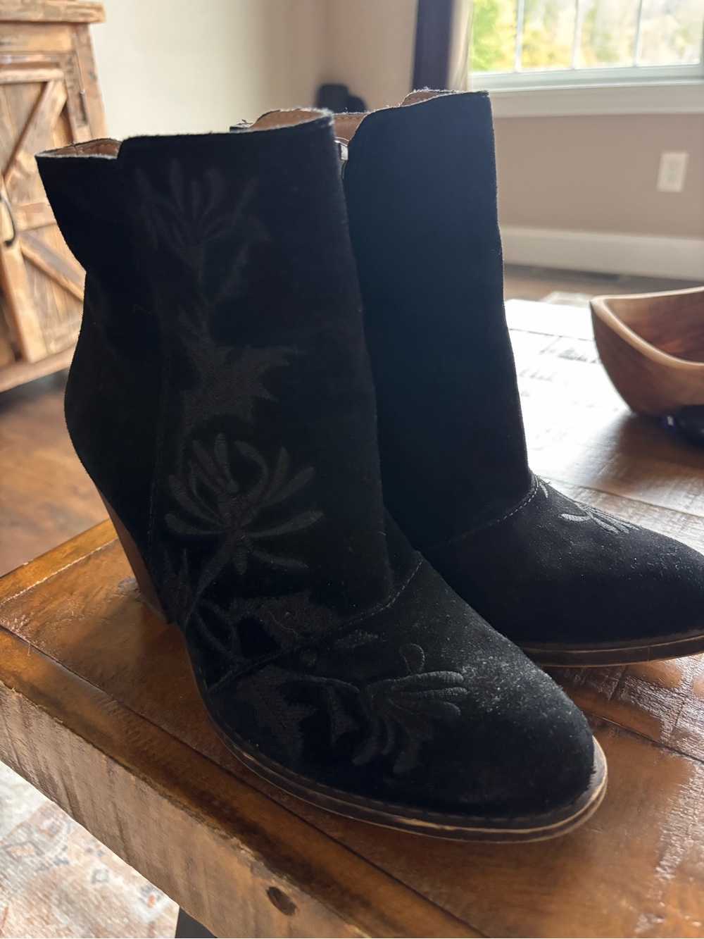 Lucky Brand Black Velvet Floral Embroidered Ankle Booties